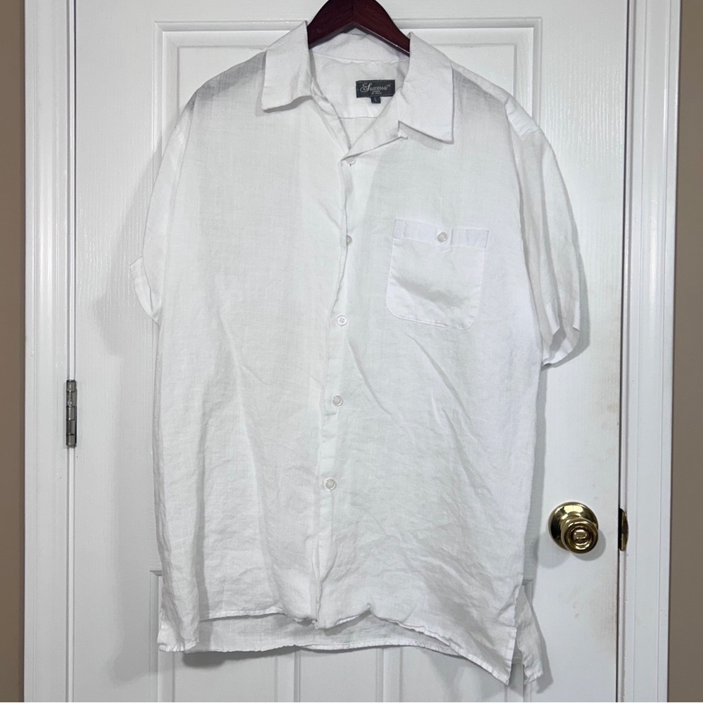 Successo Uomo Men L White 100% Linen Camp Shirt Short Sleeve Resort Casual Beach